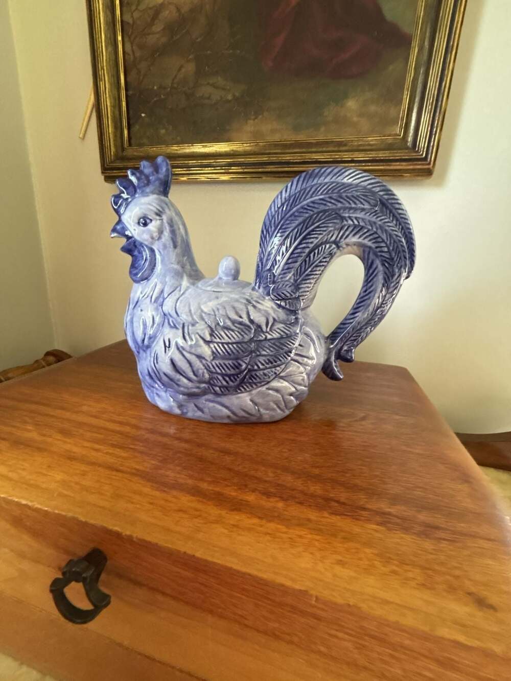 Rare Seymour Mann Cobalt Blue and White Rooster Ceramic Teapot Hand Painted Faie